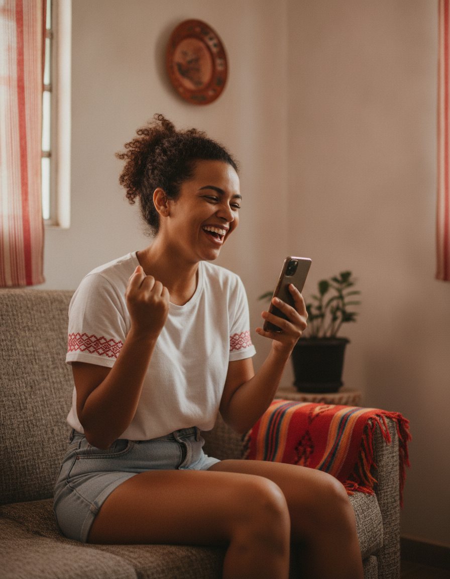 Mulher sorrindo e comemorando enquanto olha o celular