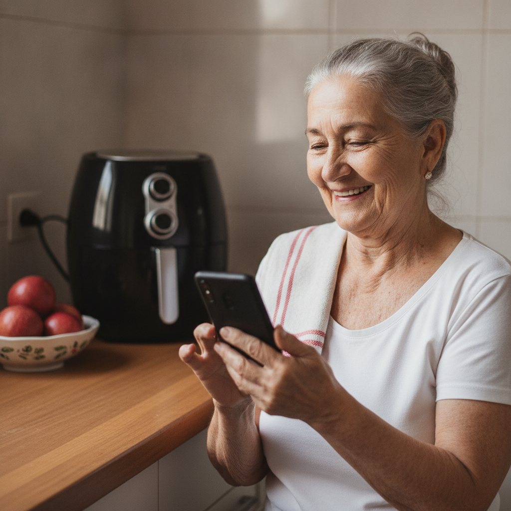 Senhora sorrindo com o celular na cozinha