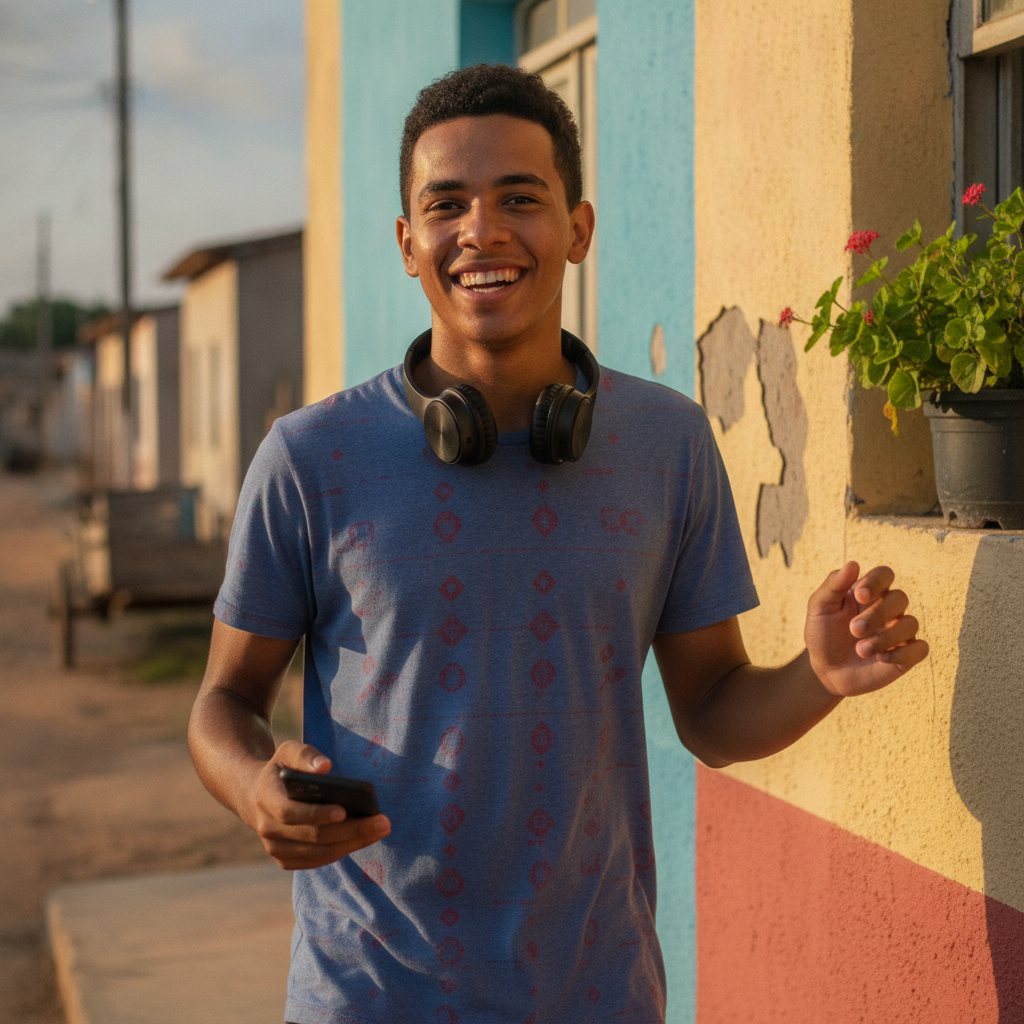 Rapaz sorrindo com fone no pescoço e celular na mão